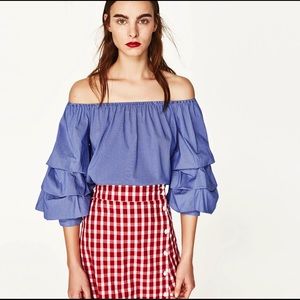 Zara Off The Shoulder Ruffle Sleeve Strip Cropped Blouse